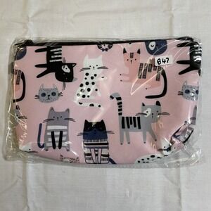 The Pouch Cosmetic Bag Women Small Pink NWT Cat Print Zipper Travel Pouch 8x5